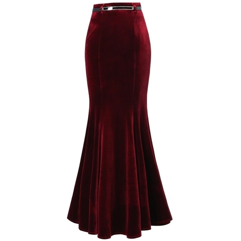 

plus size ! Autumn Vintage Velvet Black Maxi Long Mermaid Skirt Fashion Women Elegant Velour Skirts With Belt 220322, Wine