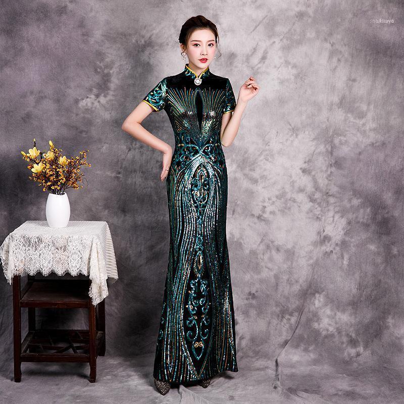 

Elegant Women Sequins Velour Short Sleeve Cheongsam Dress Ladies Vintage Chinese TraditionalVelvet Qipao Oversize 5XL Ethnic Clothing