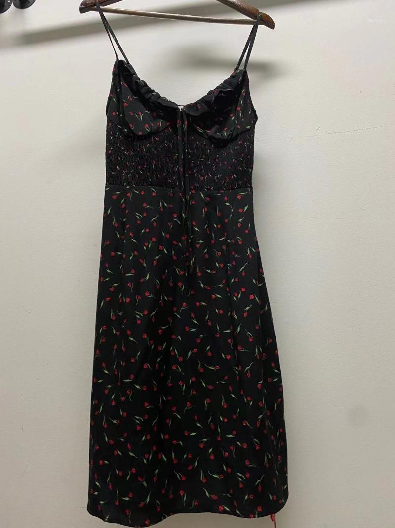 

Casual Dresses Floral Print Viscose Ladies Suspender Dress V-neck Ruffle Slim Women Mini 2022, Black
