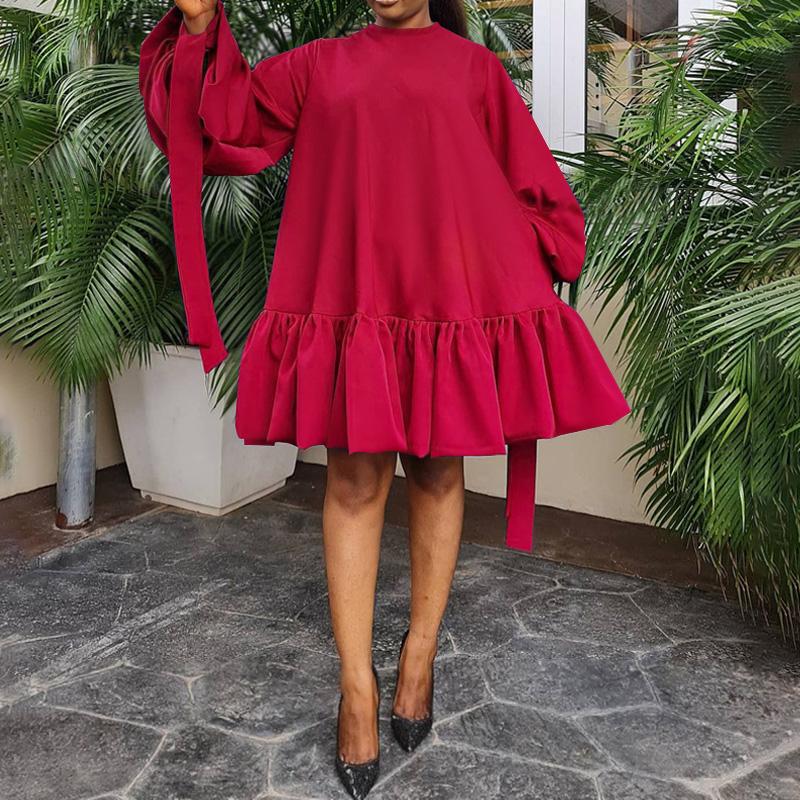 

Casual Dresses Mini Dress 2022 VONDA Spring Round Neck Pleated Ruffled Hem Women Loose Long Lantern Sleeve Solid Vestidos With PocketsCasual, Red