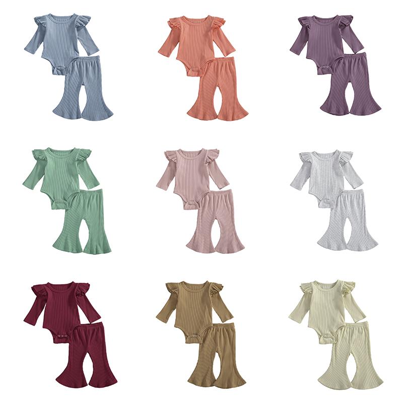 

Clothing Sets Spring Baby Girls Todder Born Ruffles Long Sleeve Rompers Tops Flare Pants Casual Ribbed Knitted OutfitsClothing