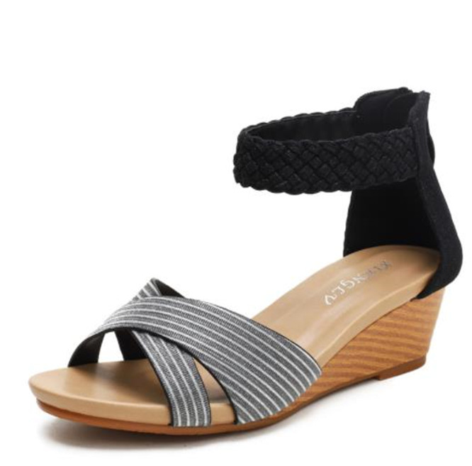 

New Fairy Style Summer Ladies Shoes Flip Loafers Weave Roman Fashion Wedges, Black