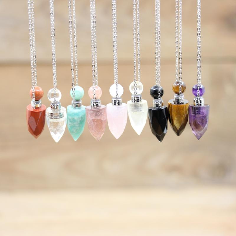 

Pendant Necklaces Silver Chains Faceted Lapis Obsidian Perfume Bottle Pendants Natural Stone Crystal Essential Oil Vial Necklace Jewelry QC1