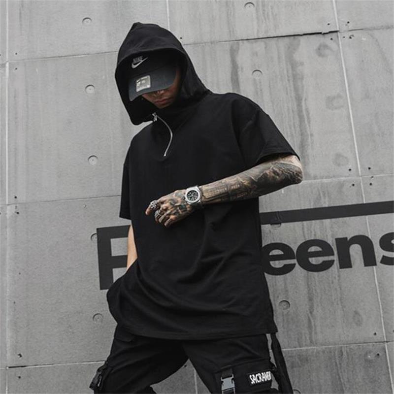 

Men's T-Shirts Men's Short Sleeve Hooded T-Shirt Summer Fashion Hip Hop Zipper Design Casual Loose Large Size Half SleeveMen's Men'sMen', Black