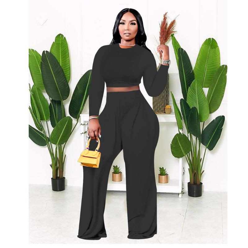 

Women's Plus Size Tracksuits ZZ Women Clothing Two Piece Set O-neck Long Sleeve Crop Top And Loose Wide Leg Trouser Drop WholesaleWomen's, Black