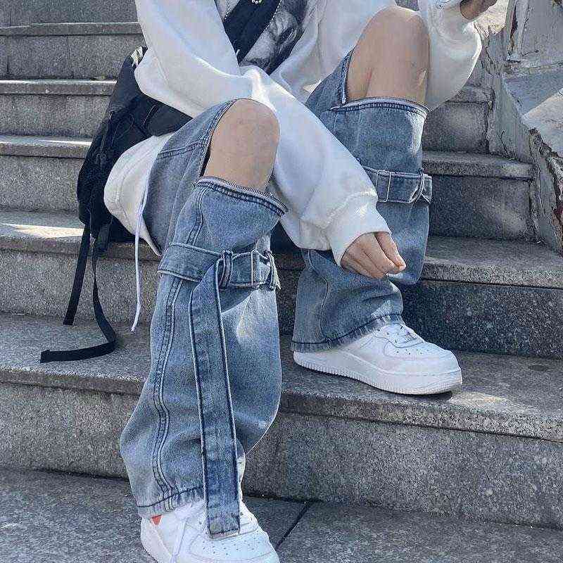 

Casual Women Pants Detachable Jeans High Wasit Wide Leg Hollow Denim Pants Y2k Autumn Harajuku Streetwear Trousers Loose T220728, Blue