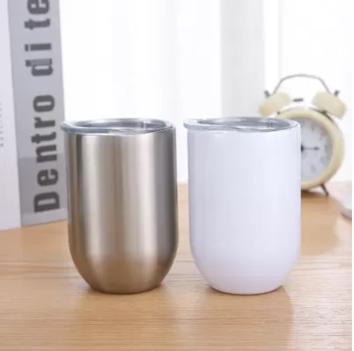 

Sublimation 12oz STRAIGHT wine tumbler Egg Shaped Mugs blank Stainless Steel Wine Cup Double Walled Egg Shell Drinking Bottle White Vacuum Big Belly Mug for DIY, Stainless steel color