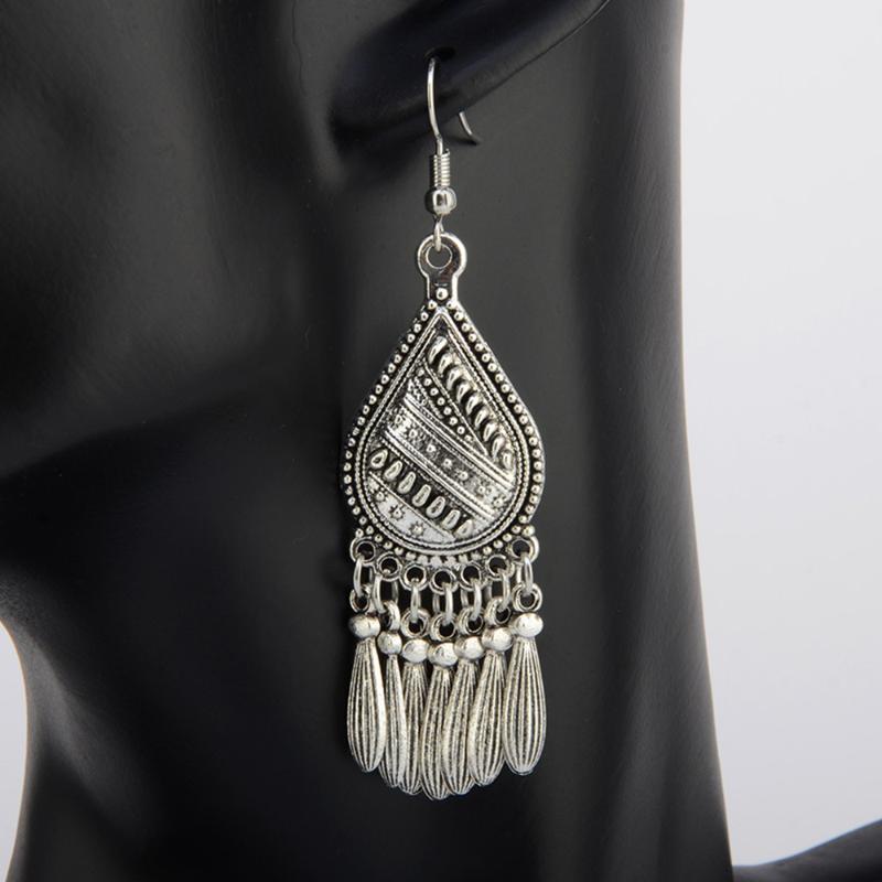 

Clip-on & Screw Back Fashion National Style Retro Water Drop Tassel Carving Pattern Female Earrings Delicate Jewelry For WomenClip-on