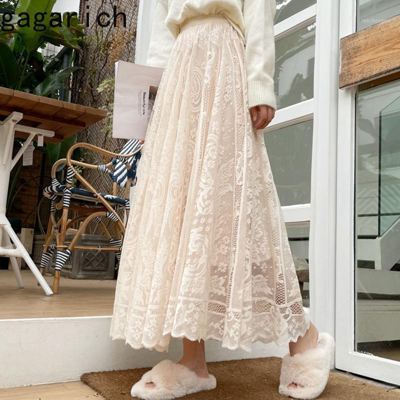 

Skirts Gagarich Women 2022 Spring Summer Korea Elegant Temperament Girls A-Line All-Match High Waist Embroidery Lace Mesh Skirt, Black