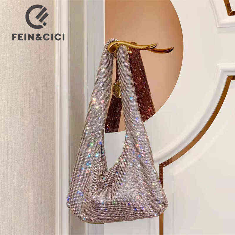 

Designer Rhinestones Crystal Mesh Armpit Bag clutch Diamonds Dinner Party Wedding Purse hobos shoulder bag tote handbag 220526, Silver