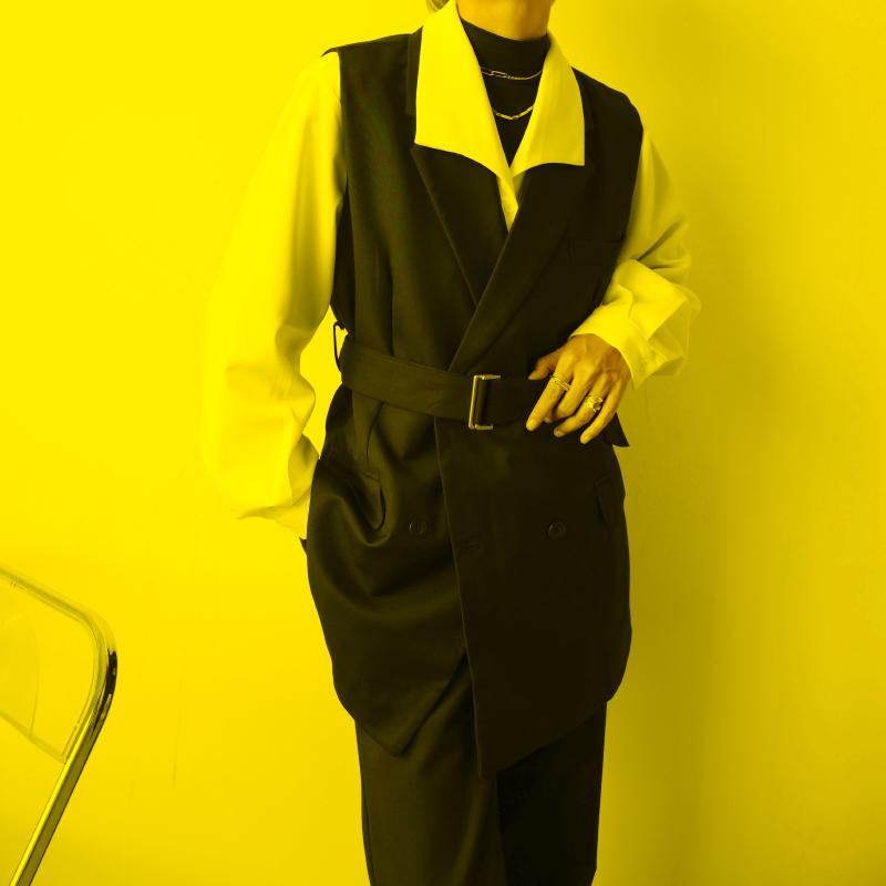 

Men's Vests Men's Double Breasted Suit Vest Waistcoat Japanese Korean Streetwear Loose Casual Vintage Niche Belt Long Sleeveless Blazer, W3000 black