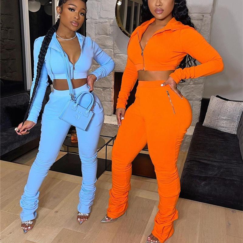 

Women' Two Piece Pants CHRONSTYLE Women Sweatsuits 2 Pieces Sets Outfits Crop Tops Hoodies Jackets Long Flare Solid Color Tracksuits Autumn, Black