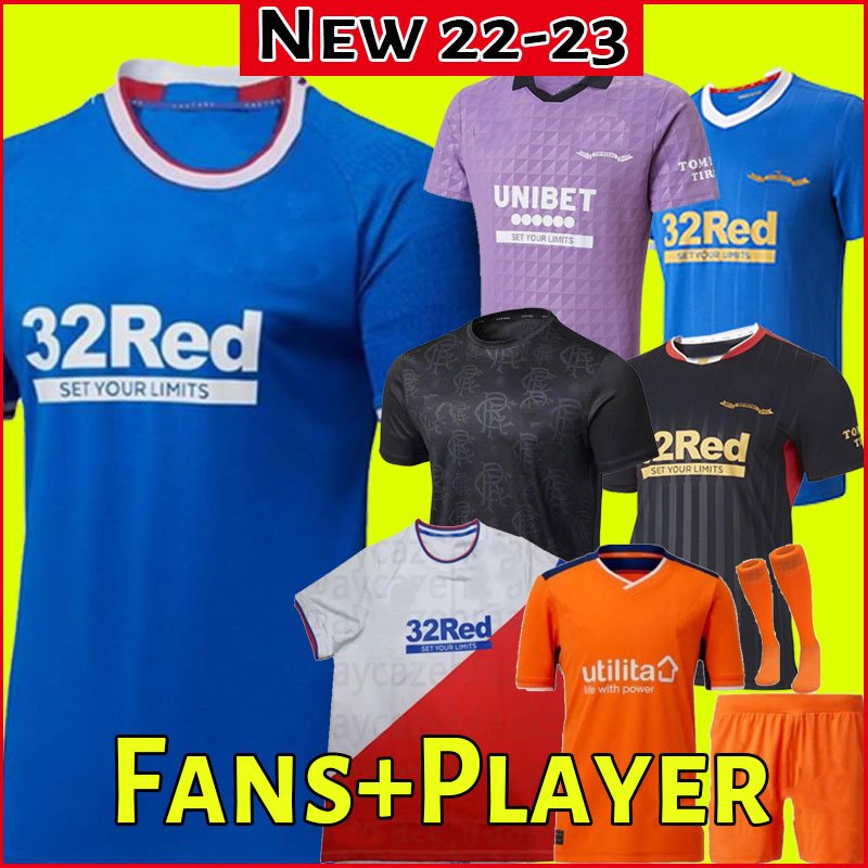 

2021 Rangers 22 23 Soccer Jerseys Glasgow TRAINING DEFOE HAGI BARKER MORELOS TAVERNIER 2022 2023 maillot Football Shirt Men kids kit full set socks player version, Home
