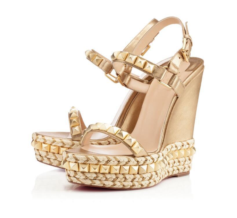 

Original Box Famous Ladies Red Bottoms Wedge Sandals Gold Patent Leather Studded Ladies Ankle Strap Women's Pumps Party Dress