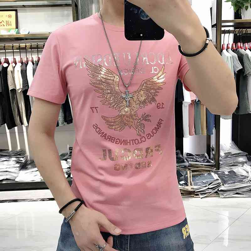 

Men's 2022 new early spring European fashion Eagle printed bead mercerized cotton short sleeve men's slim fit T-shirt, White