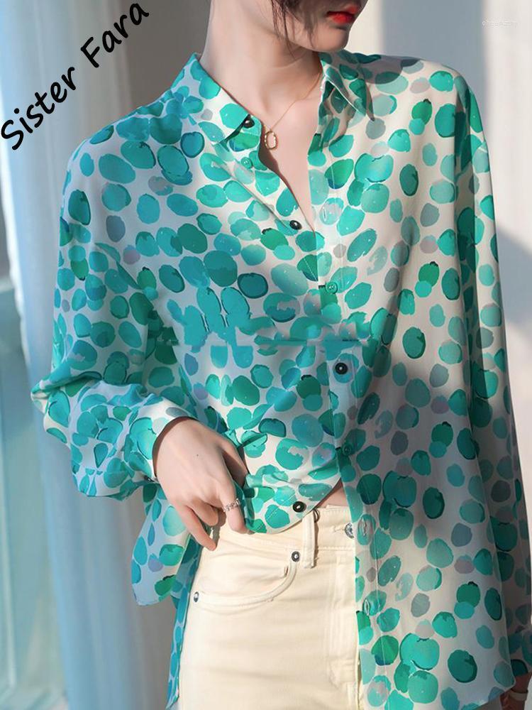 

Women' Blouses & Shirts Sister Fara Spring Turn-down Collar For Women Autumn Printing Silk Shirt Casual Ladies Single Breasted TopsWomen, Green