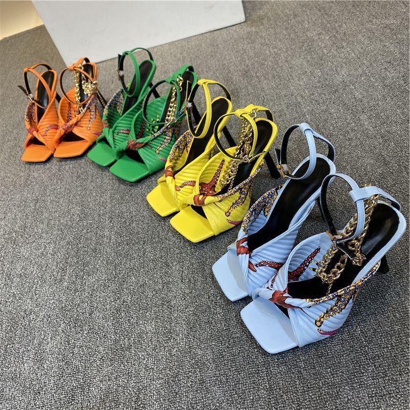 Sandales carrées ouvertes d'été, chaussures de soirée sexy pour femmes, passerelle étrange à talons fins, sangle en T, Graffiti coloré, grande ta