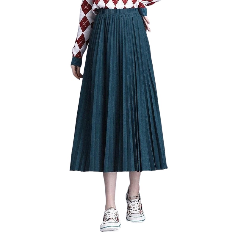 skirts Women Fashion Solid Color Pleated Skirt Autumn Winter High Waist Slim Korean Long Ladies Elegant Chic Casual Loose Z98l#-image-790127097