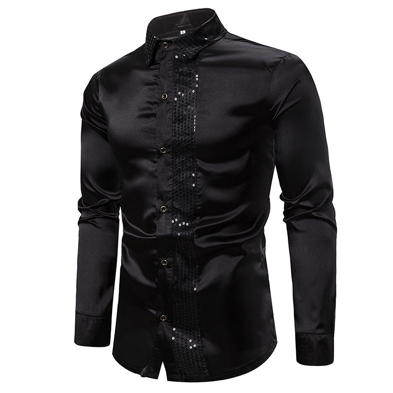 

3 Colors Mens Shirts Fashion Sequin Men Host Emcee Lapel Long Sleeve Shirt Casual Shirts Lapel Large Size S-2XL
