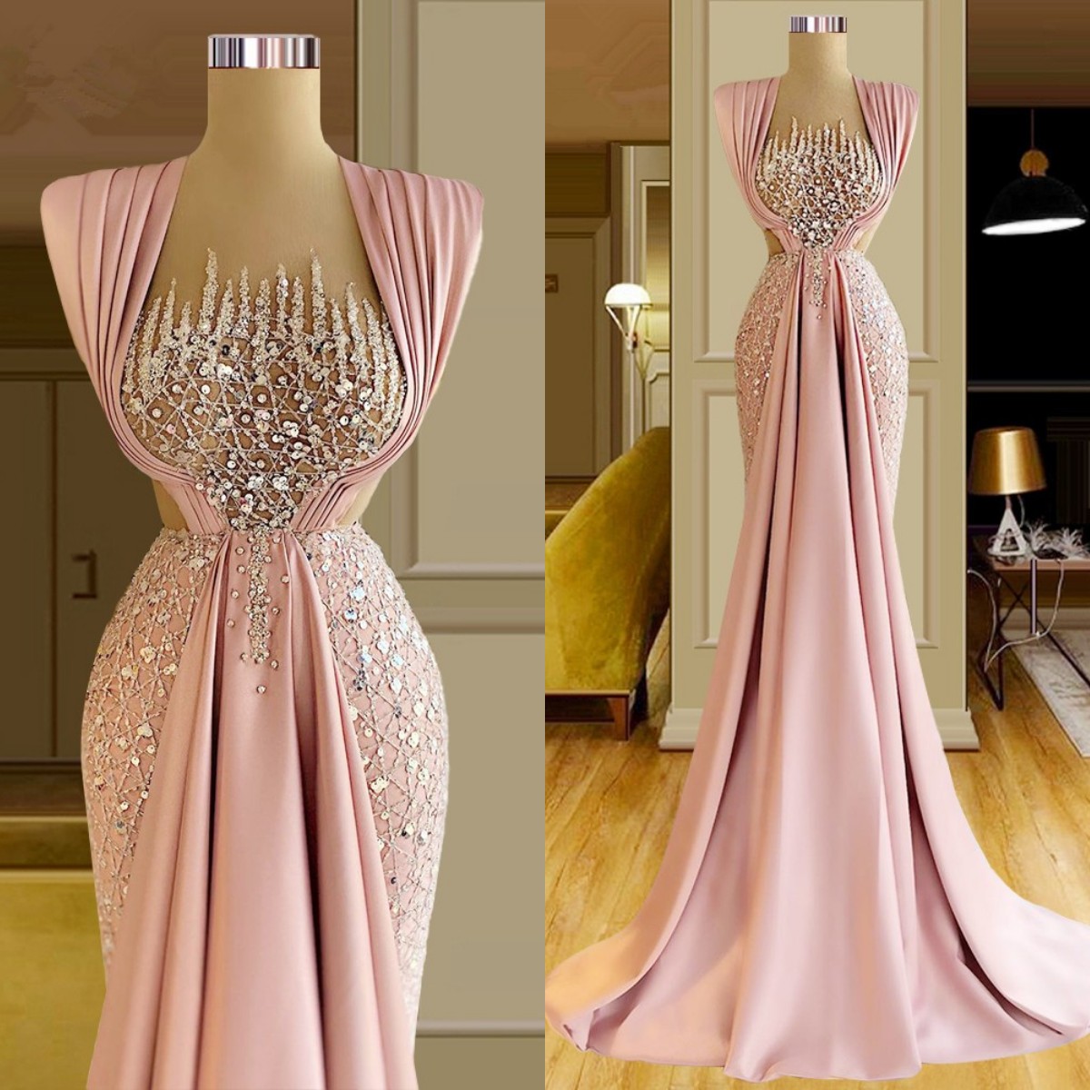 Robes de bal sirène perlées roses, robe de soirée en cristal à paillettes et col de bijou transparent