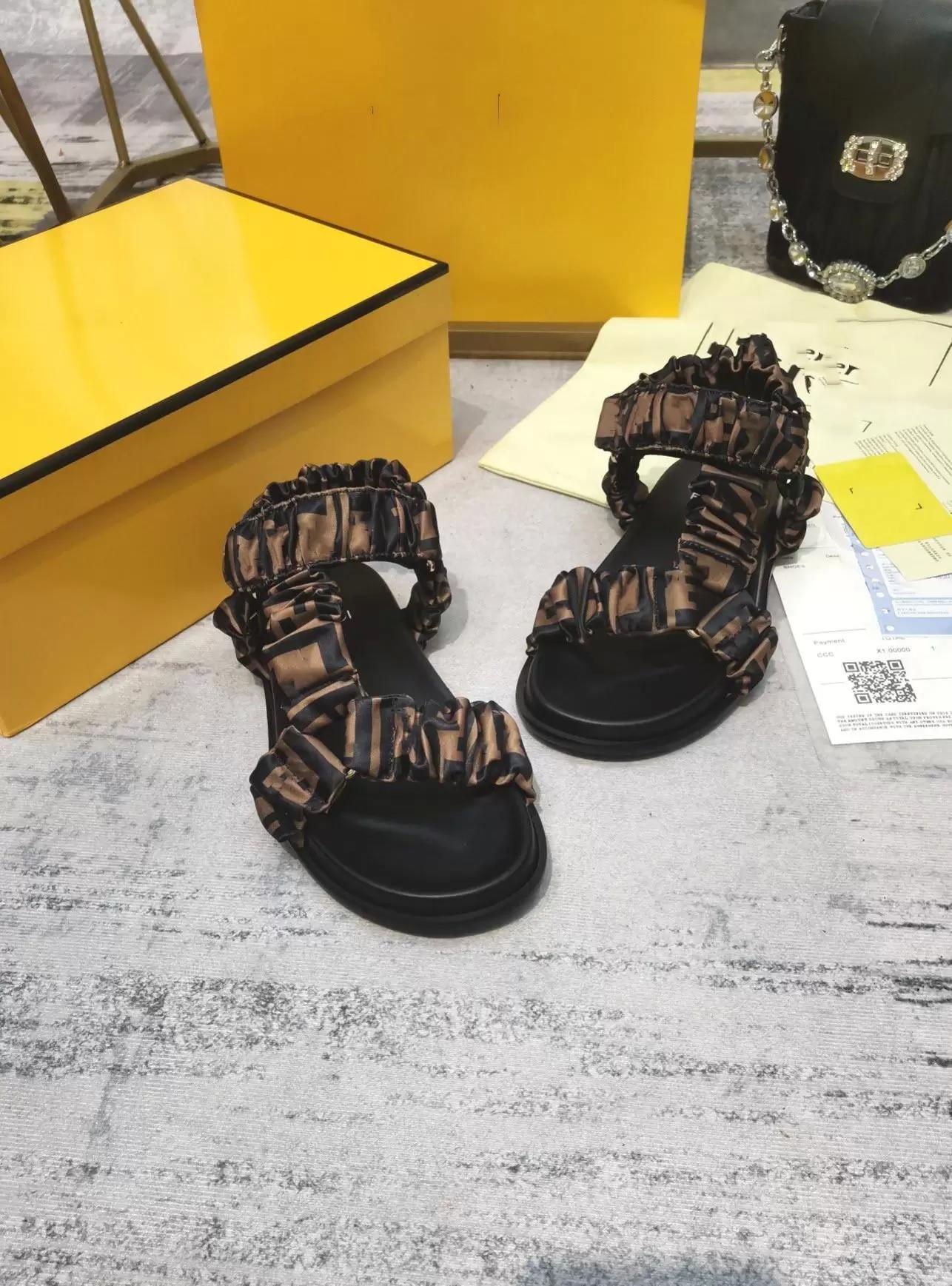 

Women's Designer Brown Satin Sandals Print Feel Silk Scarf Fabric Sandals Comfortable Soft Flat Slippers Beach Shoes With Box 349
