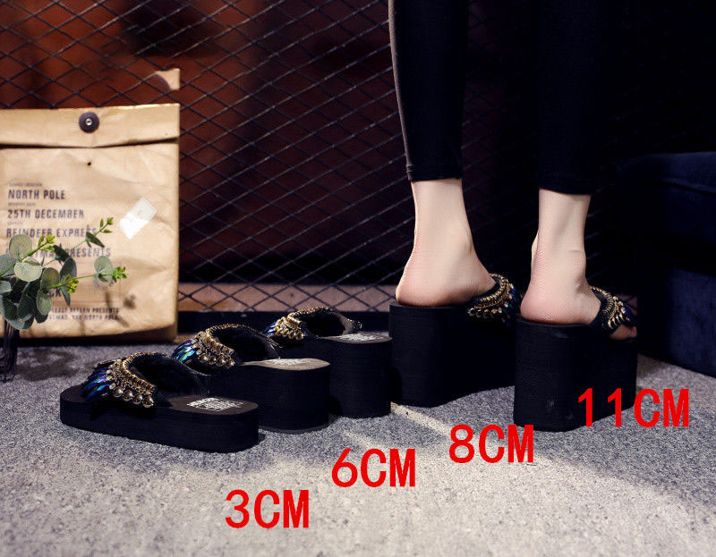 

2022 Platform Wedge Heel 8cm Women Slippers Flip Flop Rhinestone Luxurious Summer Shoes Comfortable High Quality Slides, 3cm black