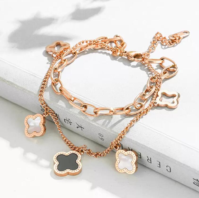 

2022 Bangle Pretty Double gold braclet Layered Openwork Stainless Steel Clover Charm Bracelet Lucky Four Leaf Women Jewelry