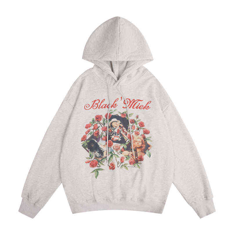 

Harajuku Retro Flower Charater Painted White Pullover Autumn Hoodies Men and Women Hip Hop Baggy Oversize Hooded Sweatshirts T220726, Gray