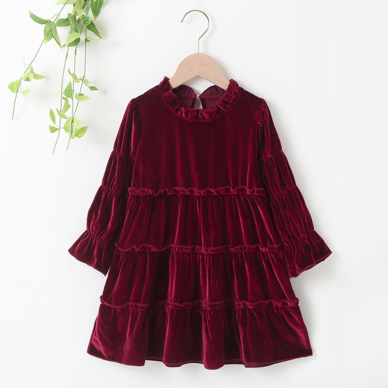 

Girl's Dresses Autumn Winter 2022 Girls Dress Long Sleeve Velvet Turtleneck Wine Red Black Pleated Solid Cute Sweet Baby Vestidos 2-6TGirl's