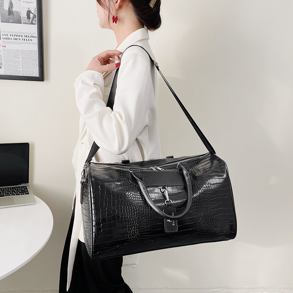 

Designer-High Quality Oversized Croco PU Leather Gym Duffel Bag Overnight Tote Carry On Travel Bag For Men, Black