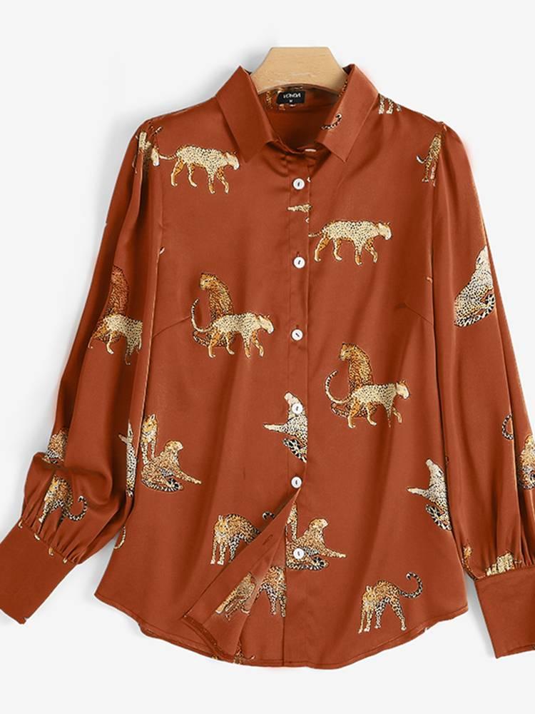 

Women' Blouses & Shirts Vintage Printed VONDA 2022 Women Casual Long Sleeve Tiger Blouse Tops Lapel Button Up Blusas FemininasWomen, Gray