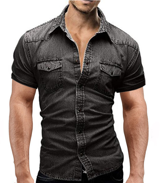 

Mens Casual Shirts Short Sleeve Denim Male Summer Turn Down Collar Thin Tees, Dark gray