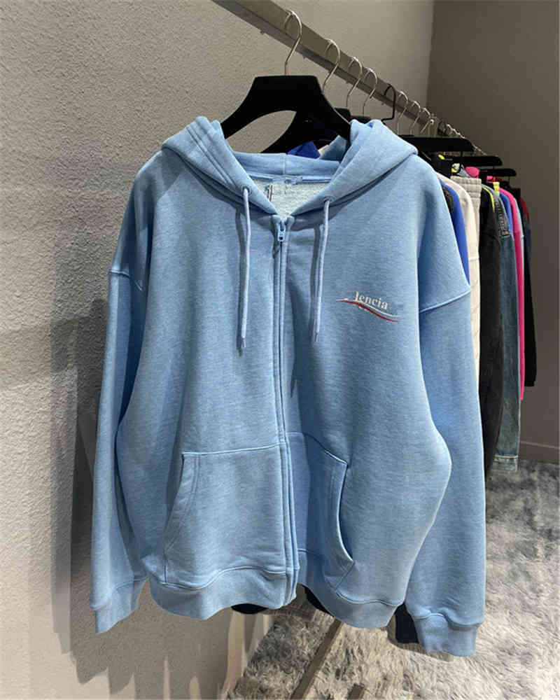 

Hip Hop Designer Balciga Hoodies B's Autumn and Winter New Wave Coke Embroidery Printing Men's and Women's Same Paris Embroidery Cardigan, Sweater and Hoodie, Light blue