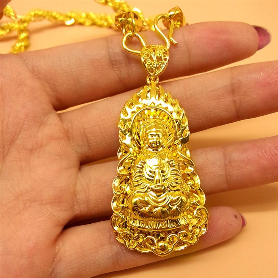 

Buddhist Guanyin Pendant Necklace Rope Chain 18k Yellow Gold Filled Ornament Buddha Amulet Vintage Jewelry for Women Men2944