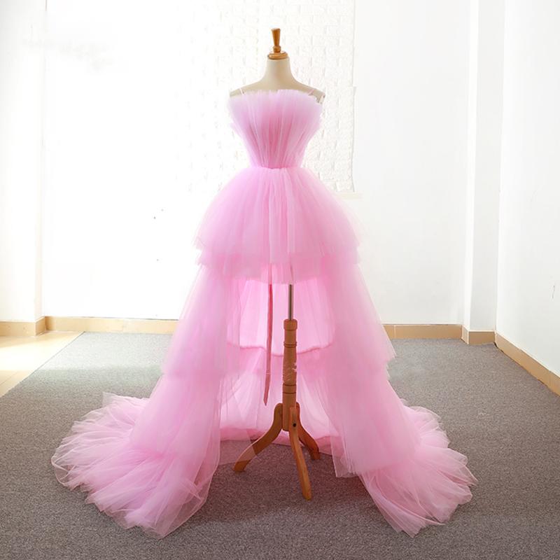 

Bridesmaid Dress Elegant Pink High-Low Puffy Tulle Evening Dresses Straps Off Shoulder Princess Party Prom Gowns Custom Made Any ColorBrides