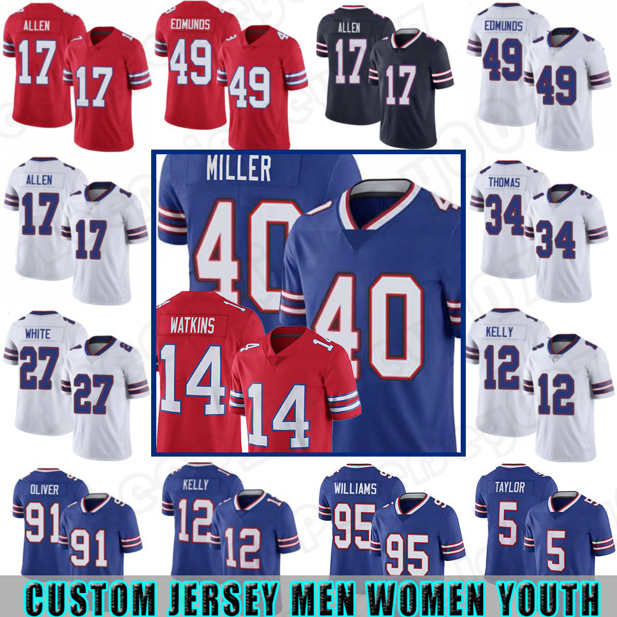 

14 Stefon Diggs 17 Josh Allen Buffalos Football Jersey Gabriel Davis Von Miller Tre'Davious White Dawson Knox Matt Milano Micah Hyde Bills''Jim Kelly Edmunds Bass Cook, Custom women(bier)