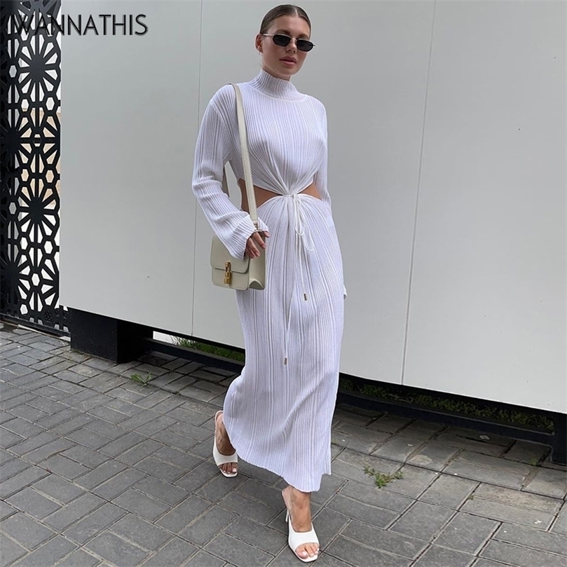 

WannaThis Knit Midi Womans Dresses Long Sleeve Cut Out Elegant Office Lady Twist Lace Up Turtleneck Sexy For Women 220607, Orange