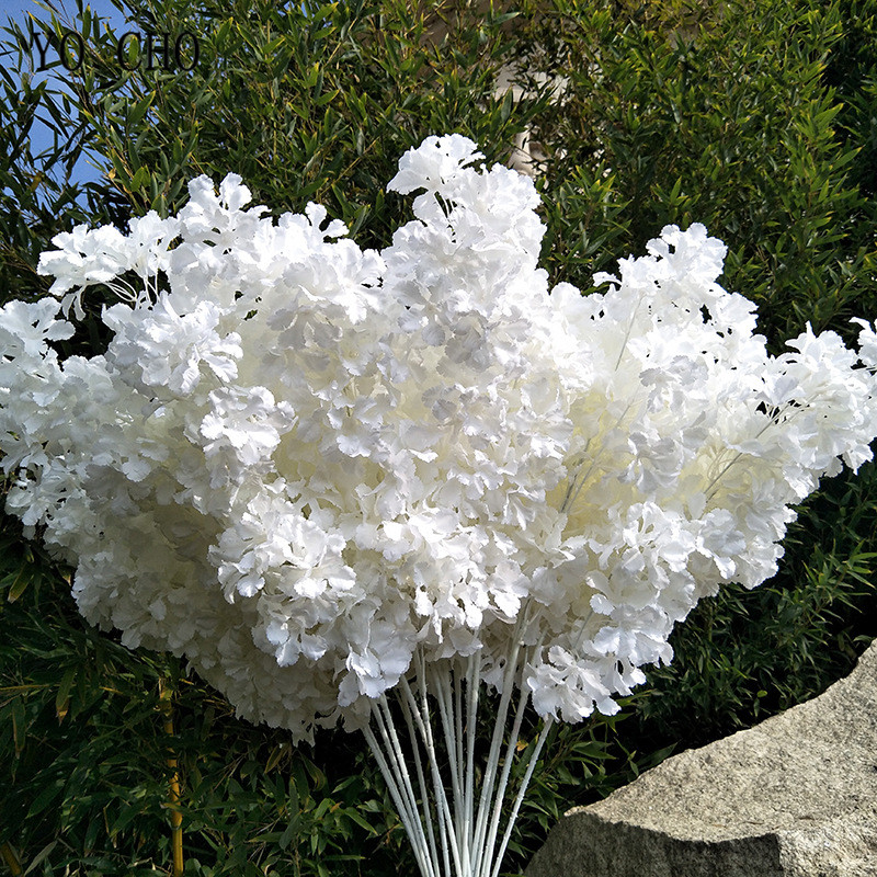 

Silk Hydrangea White Branch Flowers Drifting Snow Gypsophila Artificial Flowers Cherry Blossoms Wedding Arch Decorate Fake flower, White-blue-85cm