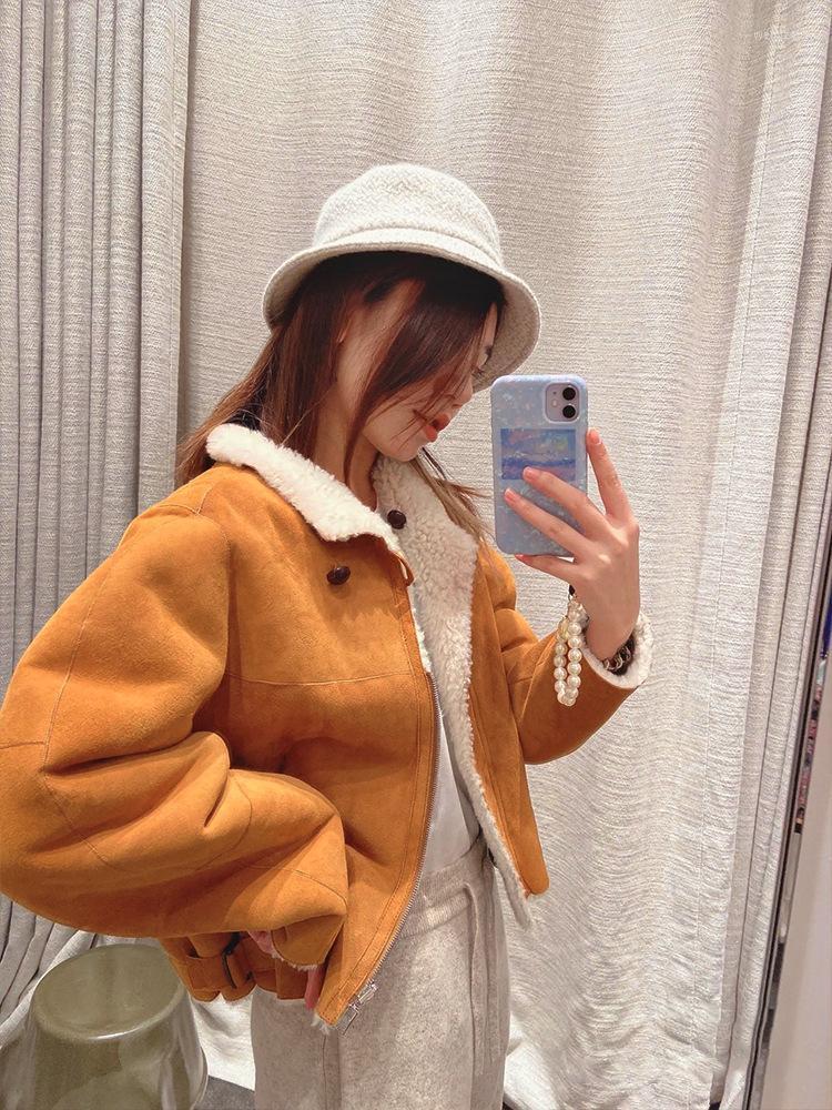 

Women' Jackets 2022 Autumn And Winter Short Jacket Fur One Loose Long-sleeved Lamb Wool Coat Women, Brown yellow
