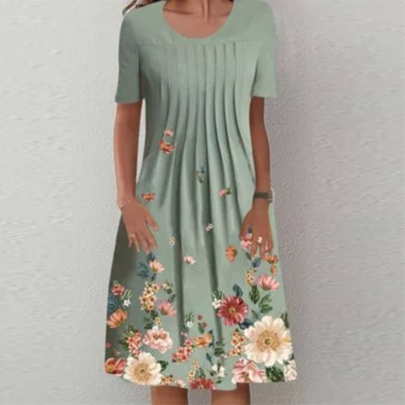 

year Summer Round Neck Pocket Loose Dress Casual Floral Print A Line Women Short Sleeve Pleated Party Vestido 220613, 05