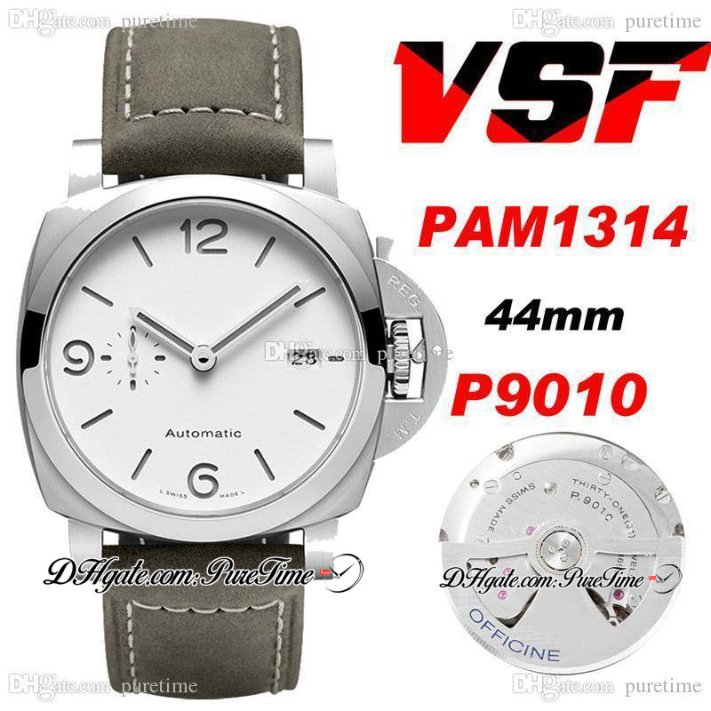 

VSF 44mm VS1314 P.9010 P9010 Automatic Mens Watch Steel Case Polished Bezel White Dial Gray Asso Strap With White Line Super Edition PTPM Puretime