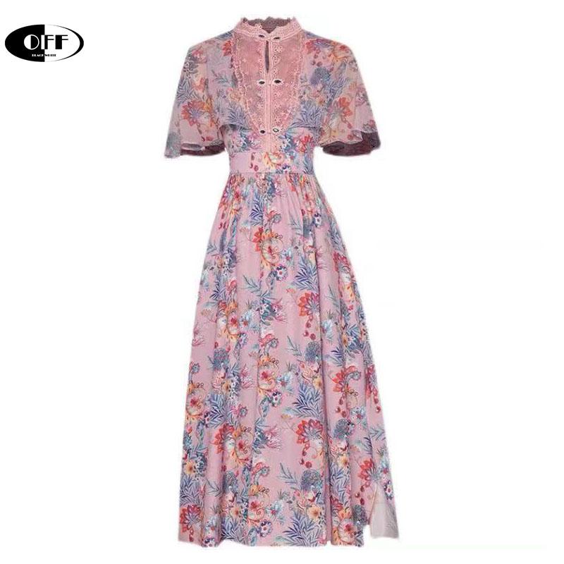 

Party Dresses Designer Runway Elegant Midi Long For Women Summer Ruffles Lace Up Zevity Dress With Floral Pattern Vestidos Mujer, Pink