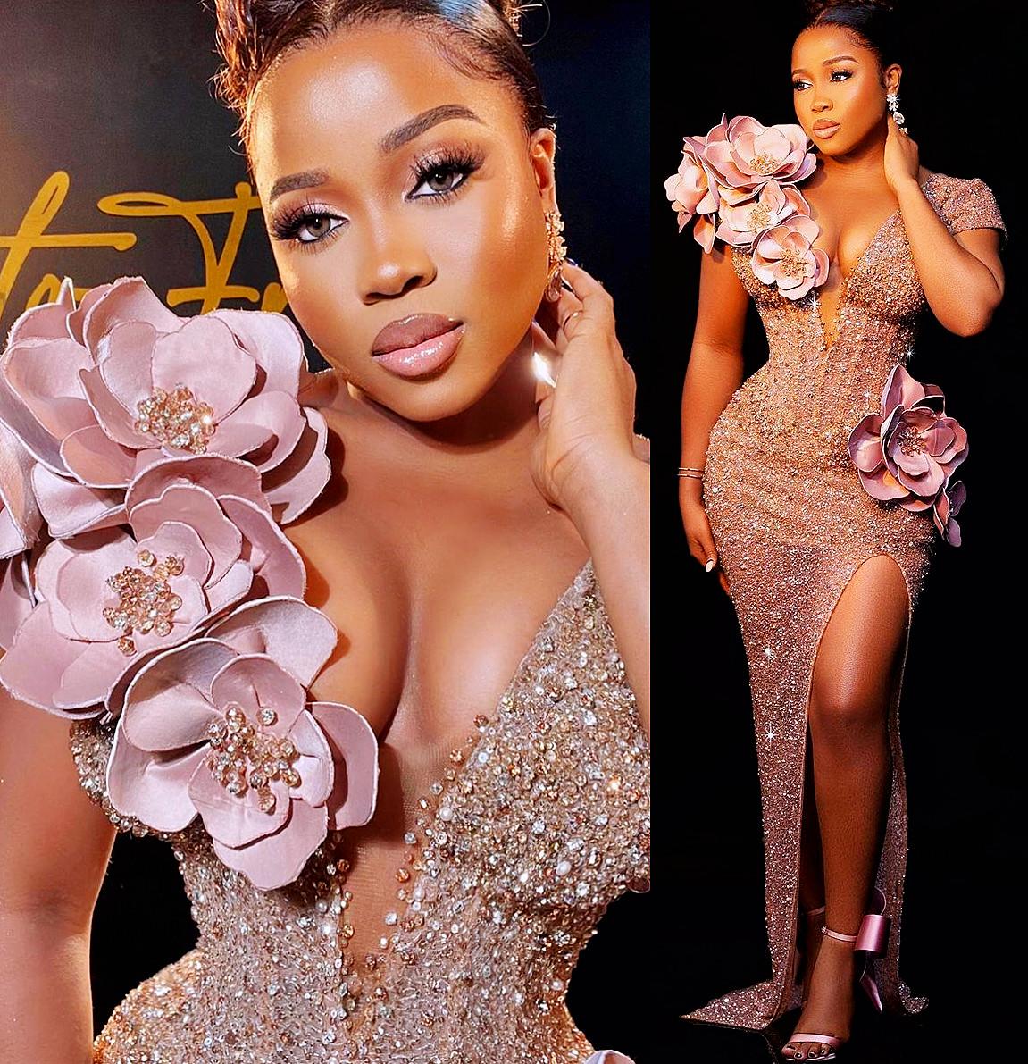 

Sexy Deep V Neck Mermaid Prom Dresses 2022 With Flowers Front Split Luxury Beaded Evening Party Gowns Robe De Soiree, Gold