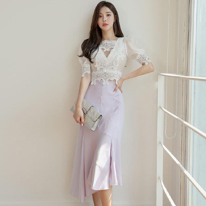 

Work Dresses Vintage Short Sleeve Tops Women OL High Waist Asymmetrical Midi Skirt Puff Lace Embroidery Shirt Blouse 2-Piece SetWork, White