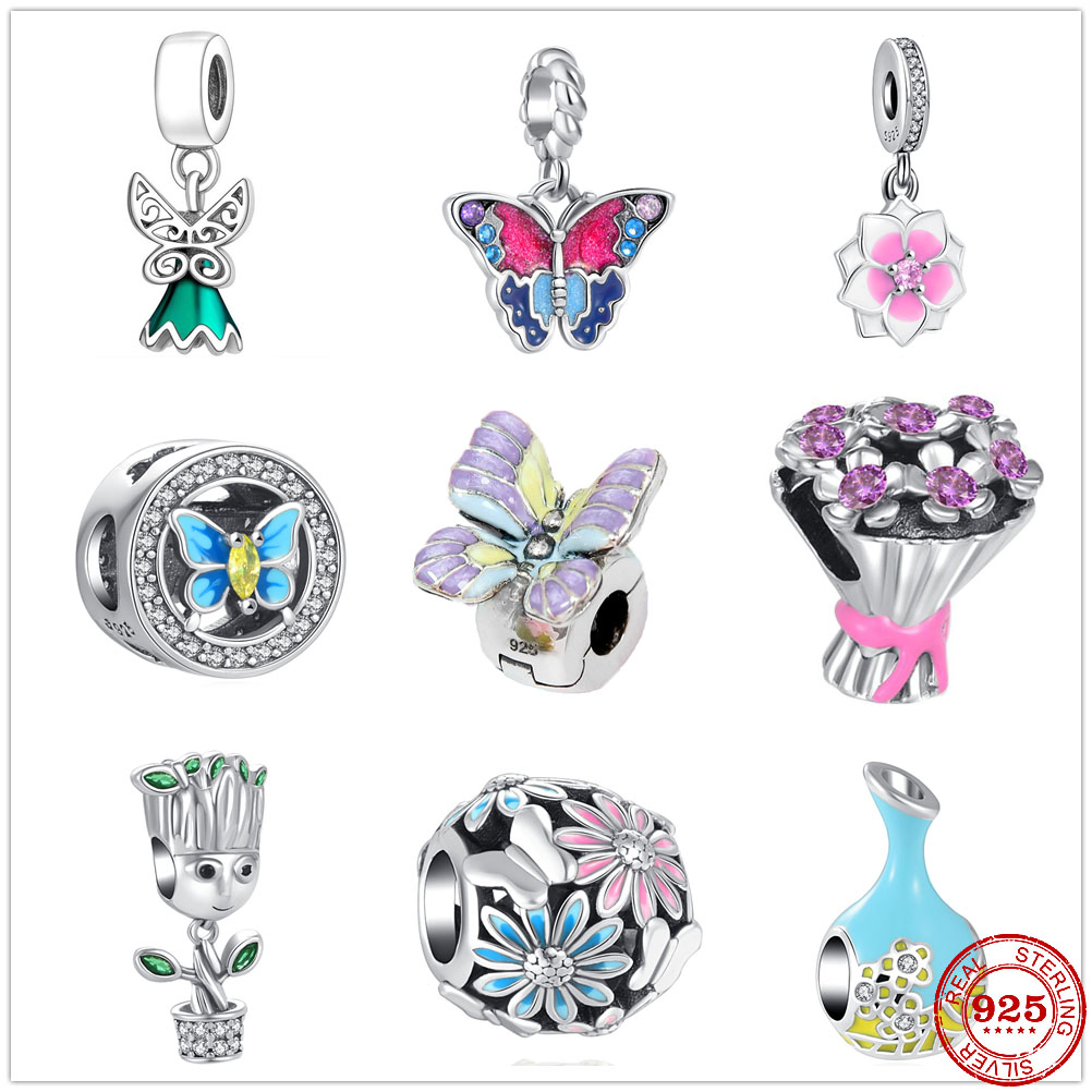 

925 Silver Fit Pandora Charm 925 Bracelet Flowers Butterfly Beads Dangle charms set Pendant DIY Fine Beads Jewelry