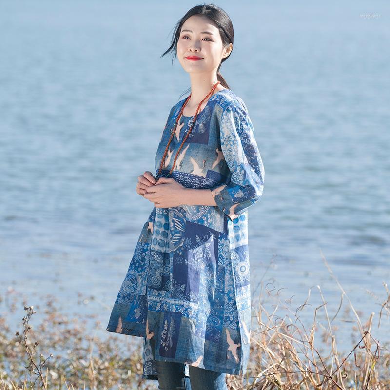 

Women's Blouses & Shirts Women Printed Irregular Length Print Tops Ladies Vintage Long Blouse Female Retro Spring Summer Half Sleeve TopsWom, Blue