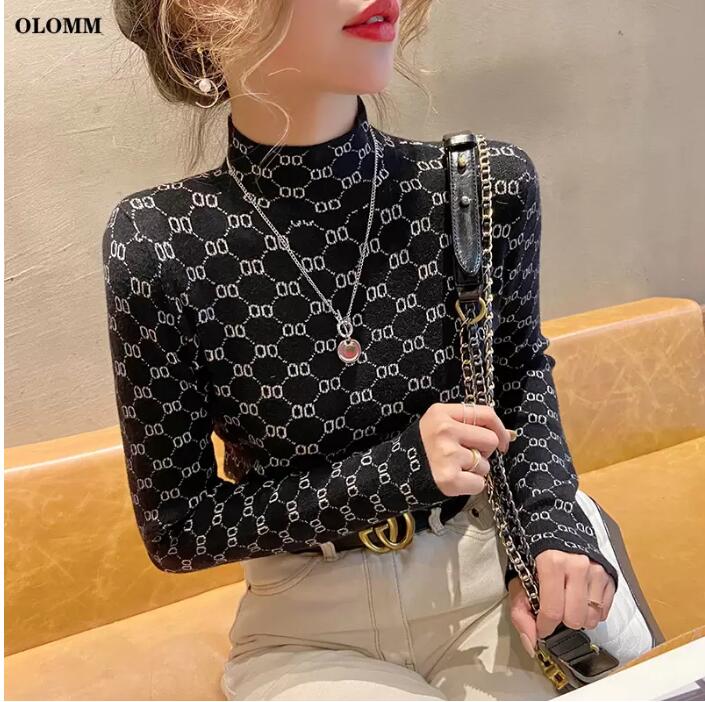 22GG Pull à col roulé extensible pour femme garde au chaud pull en tricot côtelé lettre O Y2k nouveau haut punk de mode pour les manteaux d'autom