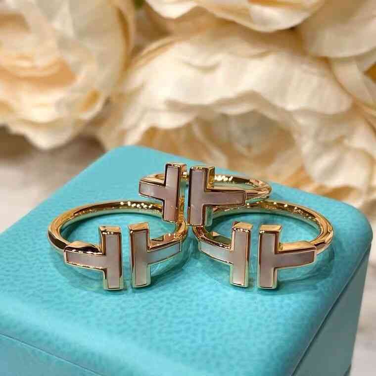 

t Home Double Ring 925 Sterling Silver Plated 18k Gold Inlaid Diamond White Shell t Ring Open Female