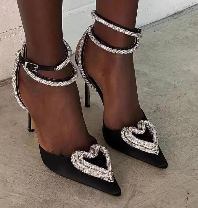 

Dress Shoes European Beauty High Heels Love Rhinestone Satin Banquet Pointed Toe ShoesDress, Black