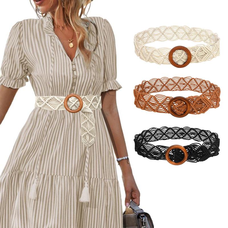 

Belts For Women Vintage Boho Braided Waist Belt Solid Color Female Wide Round Wooden Smooth Buckle Fake Straw #T1G, Black